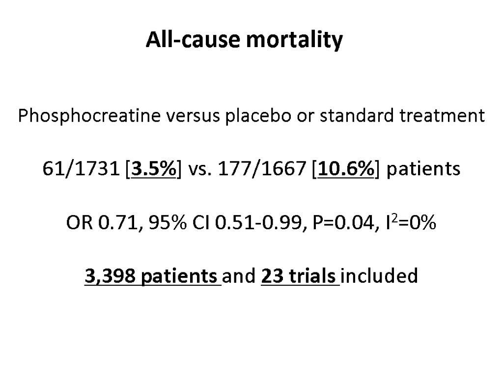 All-cause mortality Phosphocreatine versus placebo or standard treatment 61/1731 [3.5%] vs. 177/1667 [10.6%] patients